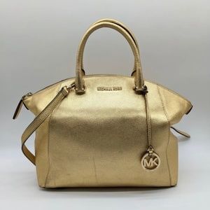 MICHAEL KORS metallic leather women's large satchel crossbody bag - GOLD (Used)